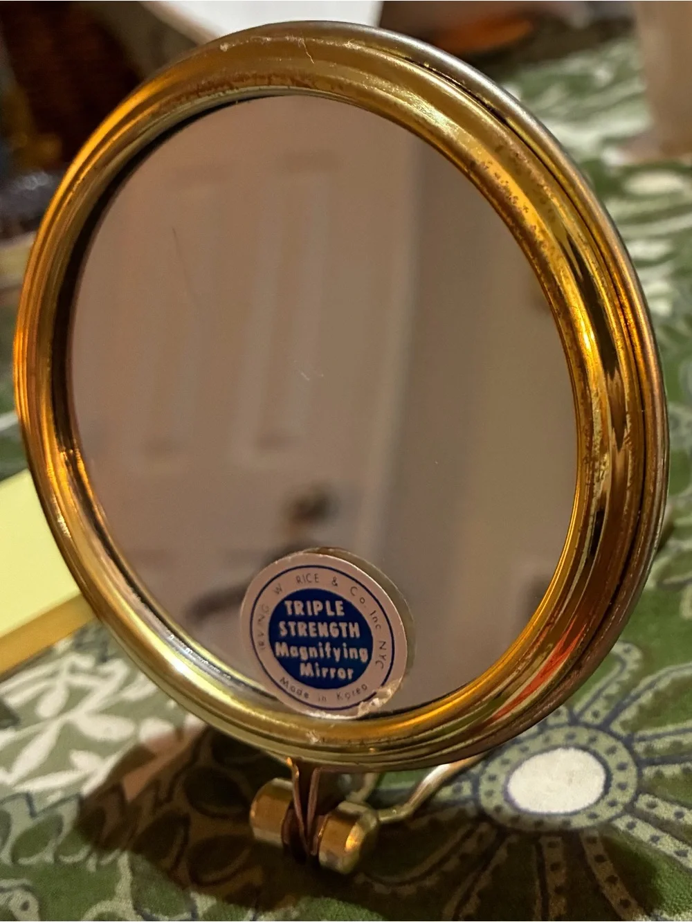 Vintage 1960s Stand Alone Brass Rimmed Mirror. EUC. Made in Korea for Rice & Co